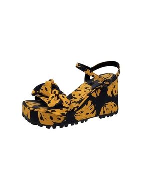 Farm Rio Caramel Bananas Knotted Platform Sandals Women Size 8 Black Yellow